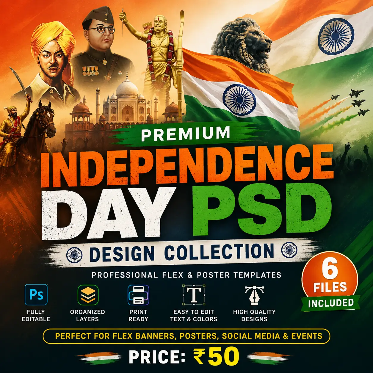 Independence Day PSD Collection with 6 Editable 15 August Poster and Flex Banner Templates