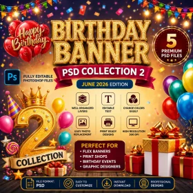 Birthday Banner PSD Collection 2 June 2026 Editable Photoshop Flex Design Files