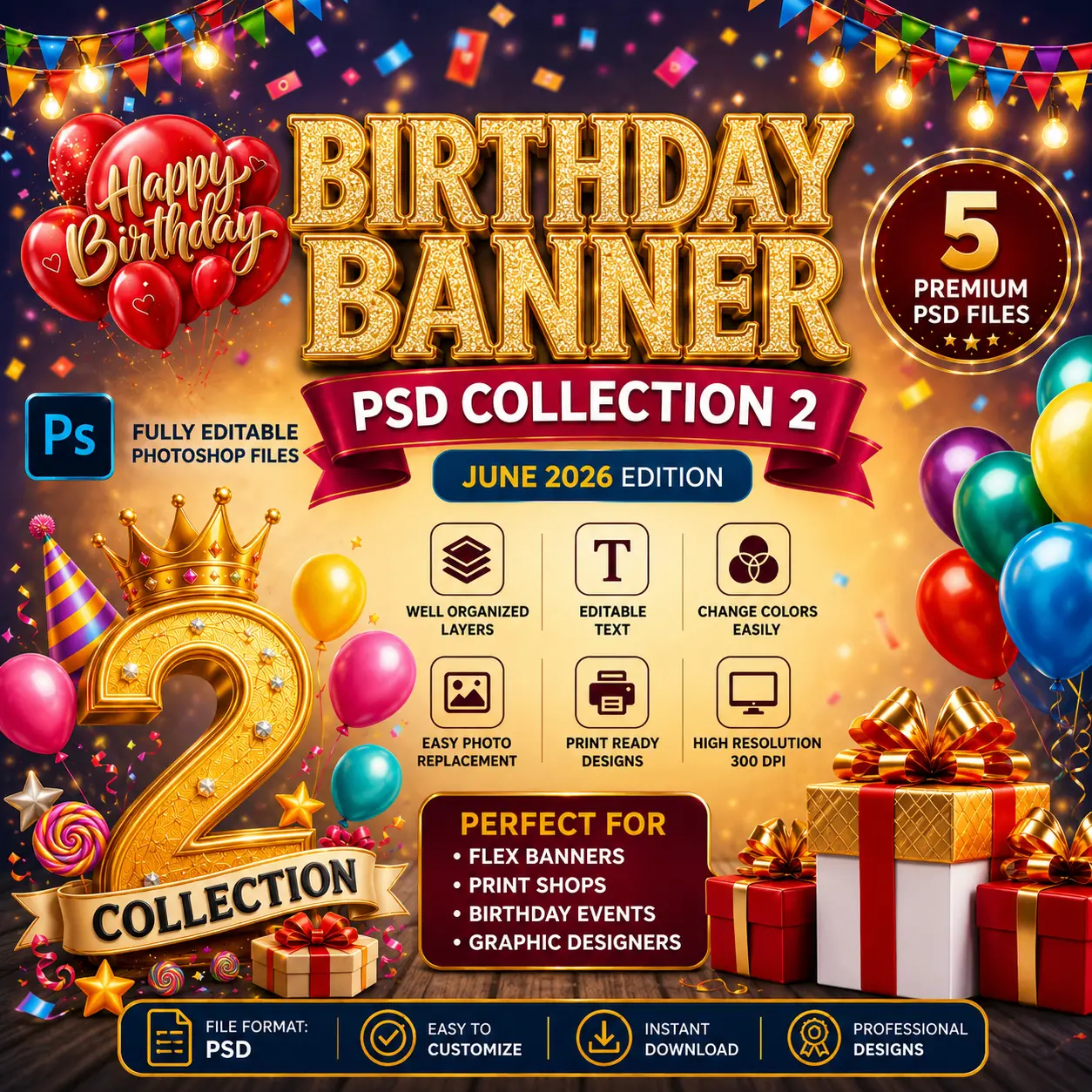 Birthday Banner PSD Collection 2 June 2026 Editable Photoshop Flex Design Files