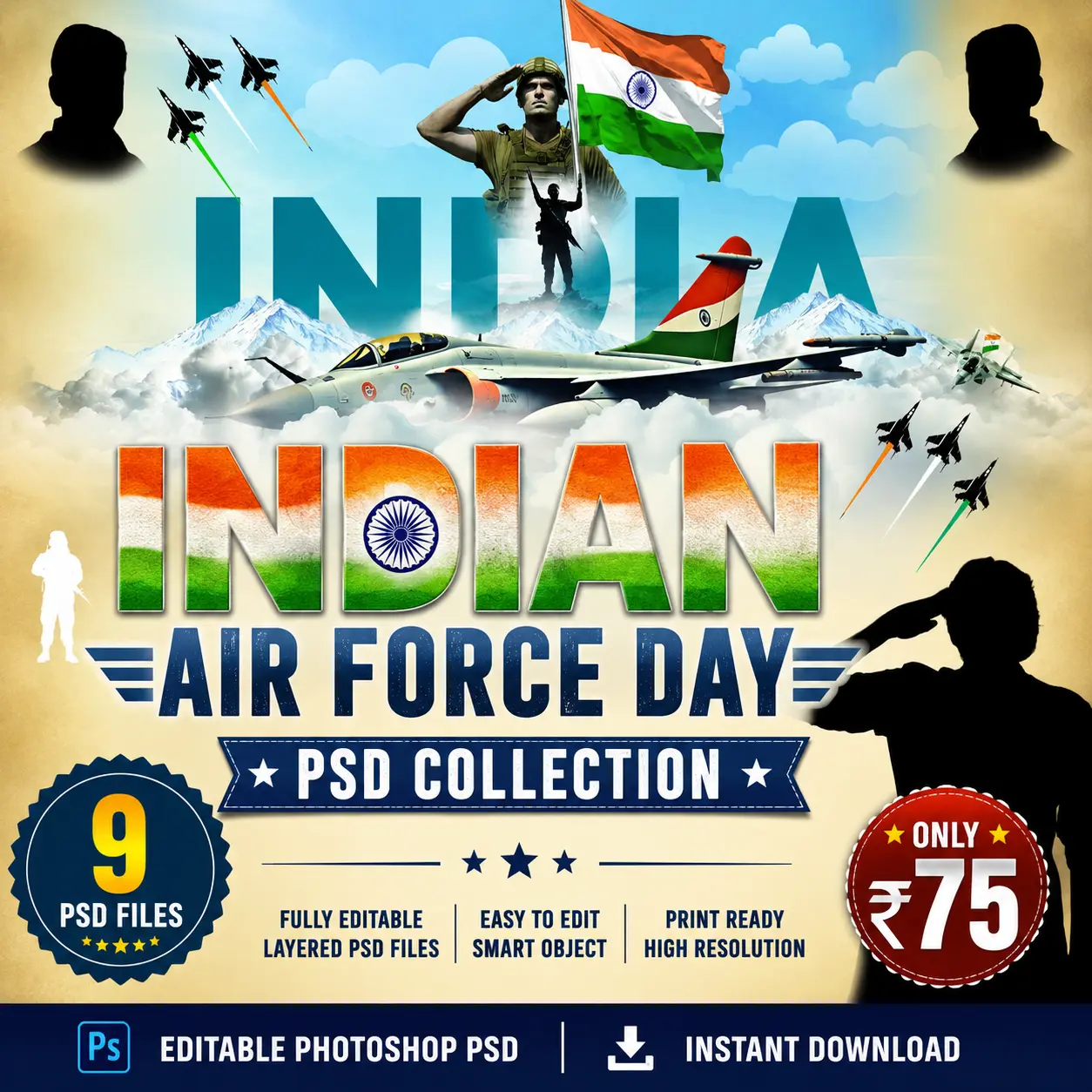 Indian Air Force Day Flex Banner Design PSD Collection Editable Photoshop Templates for Tribute and Event Banner Design