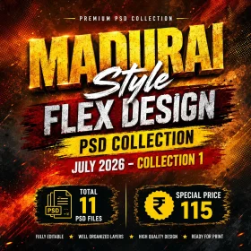 Madurai Style Flex Design PSD Collection July 2026 Collection 1 featuring 11 editable Tamil flex banner Photoshop templates for birthday, wedding, temple festival, political, and celebration banner designs.