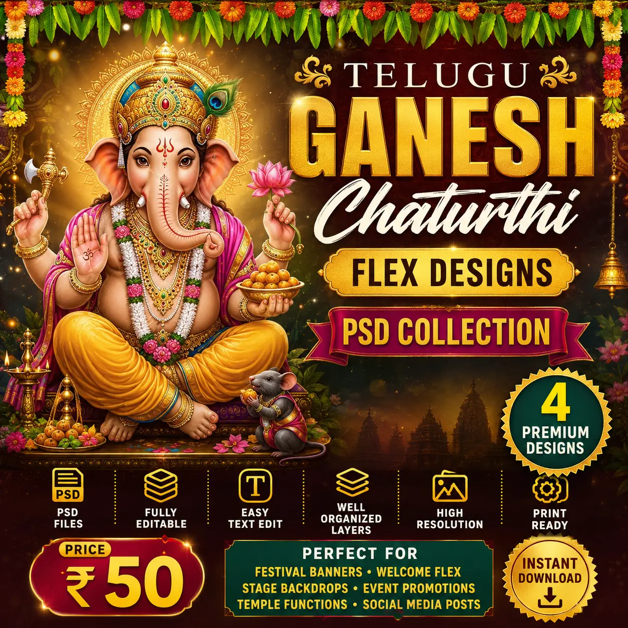 Telugu Ganesh Chaturthi Flex Designs PSD Collection feature image showcasing Lord Ganesha with traditional festive decorations, premium editable Photoshop templates, 4 unique flex banner designs, fully editable PSD files, high-resolution print-ready layouts, easy text editing, organized layers, instant digital download, priced at ₹50 for festival banners, welcome flexes, stage backdrops, temple functions, and social media promotions.