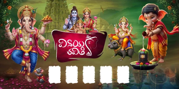 Telugu Ganesh Chaturthi Flex Designs PSD Collection feature image showcasing Lord Ganesha with traditional festive decorations, premium editable Photoshop templates, 4 unique flex banner designs, fully editable PSD files, high-resolution print-ready layouts, easy text editing, organized layers, instant digital download, priced at ₹50 for festival banners, welcome flexes, stage backdrops, temple functions, and social media promotions.